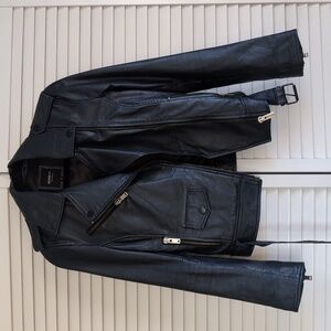Barney's Blue Leather Biker Jacket - UK 10 (Fits like US 2)